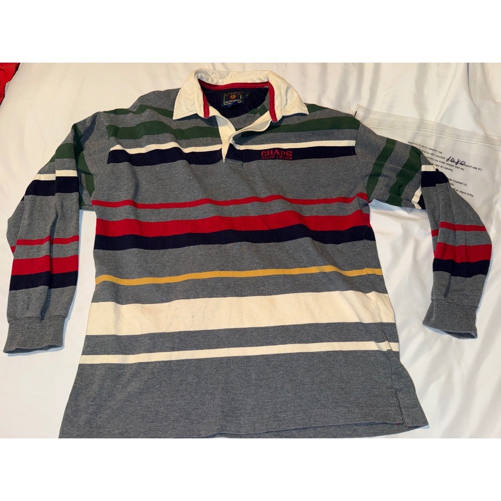 Vintage Chaps Ralph Lauren Striped Rugby Shirt Mens XL Long Sleeve Gray Multi